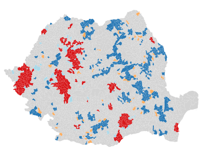 Local spatial autocorrelation map of the Covid-19 incidence on March 26th, 2021, with high-high (red), low-low (blue), high-low (orange) and low-high (yellow) clusters