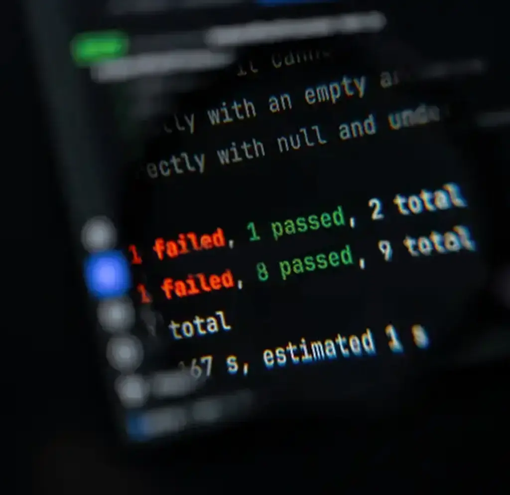 Close-up of software test results showing passed and failed code executions on a dark screen.