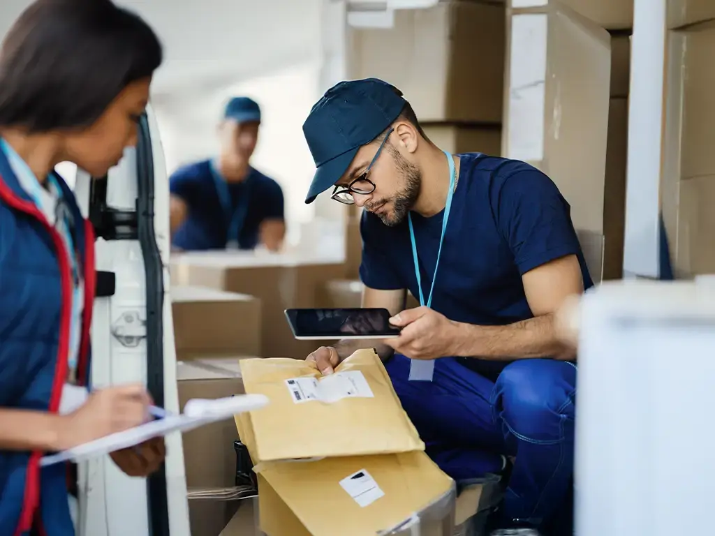 Logistics worker scans package with tablet while coordinating deliveries near a van.