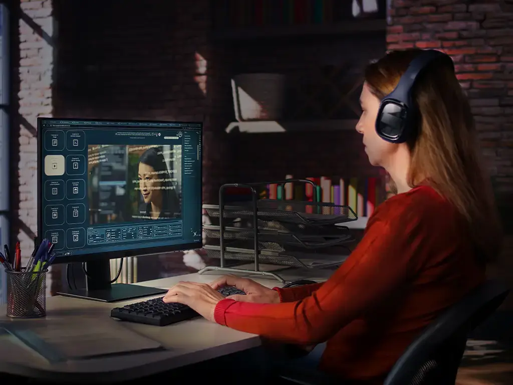 Game developer using intelligent workflow software with headset in a modern workspace.