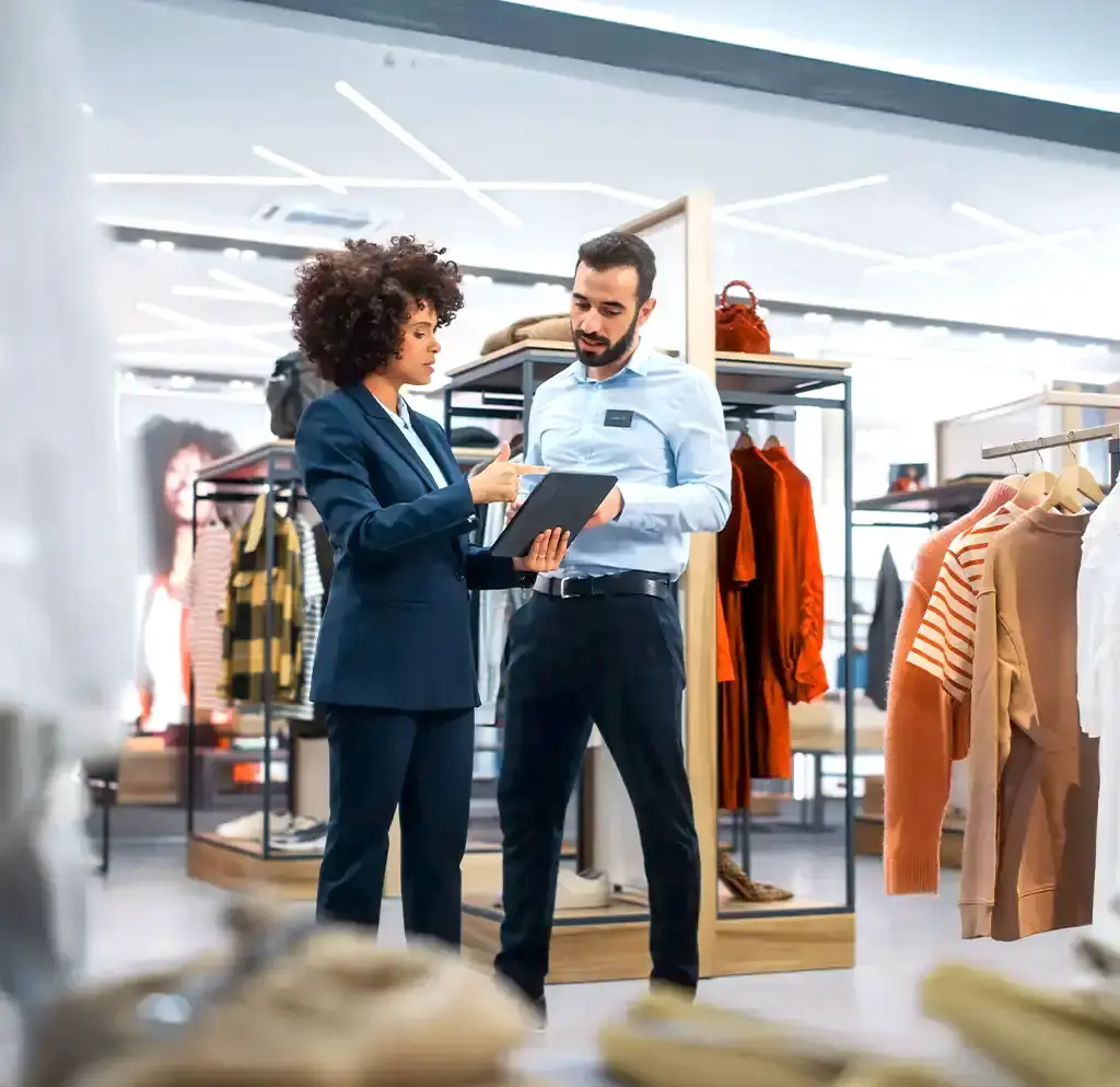 Retail professionals discussing data on a tablet in a modern clothing store environment.