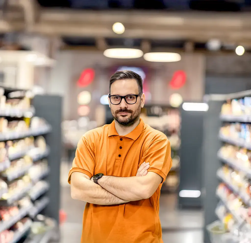Retail employee standing confidently in a grocery store aisle with shelves stocked on both sides.