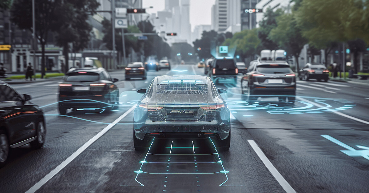 next generation car driving down a city street with blue grid and wave lines come off the car