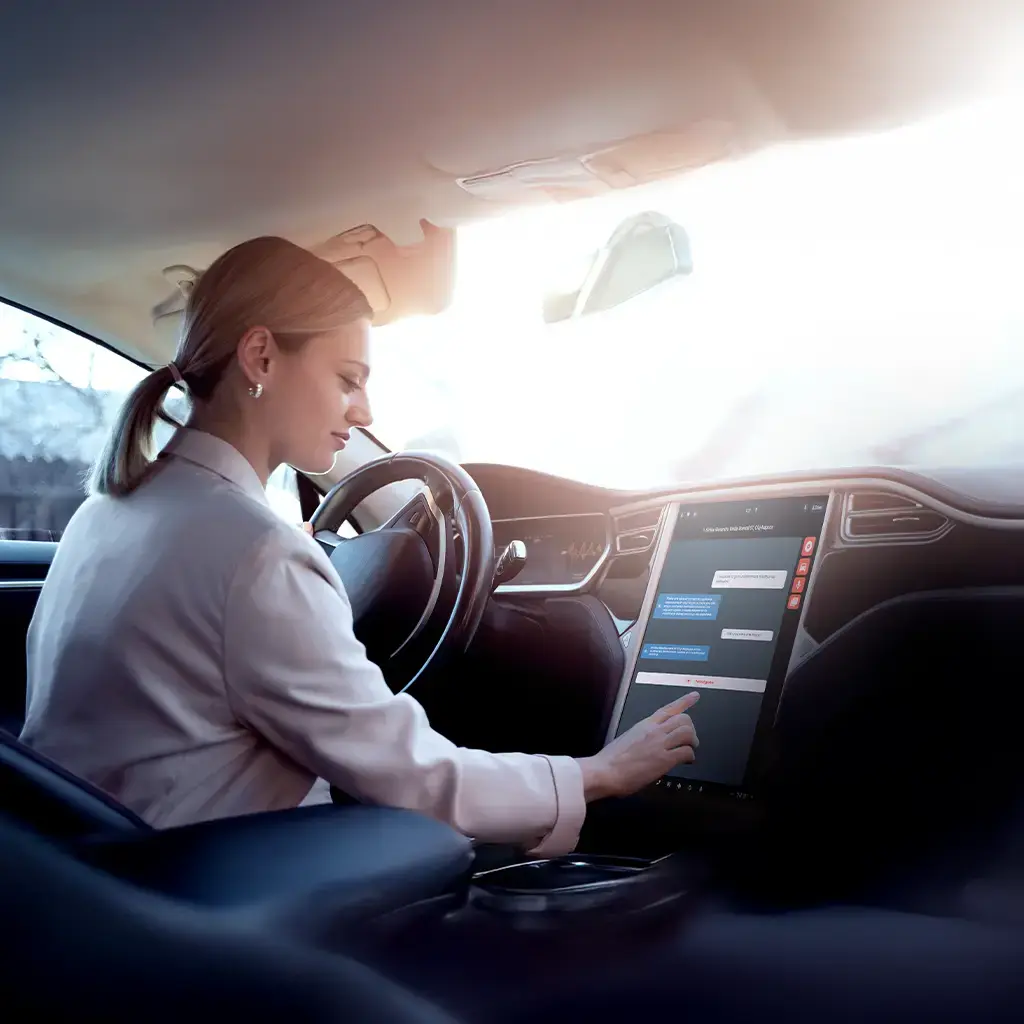 Driver interacts with large in-car touchscreen displaying AI-driven interface for connected vehicle ecosystem.