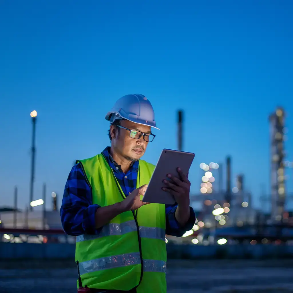 Engineer uses tablet to monitor operations at an illuminated industrial plant during twilight.