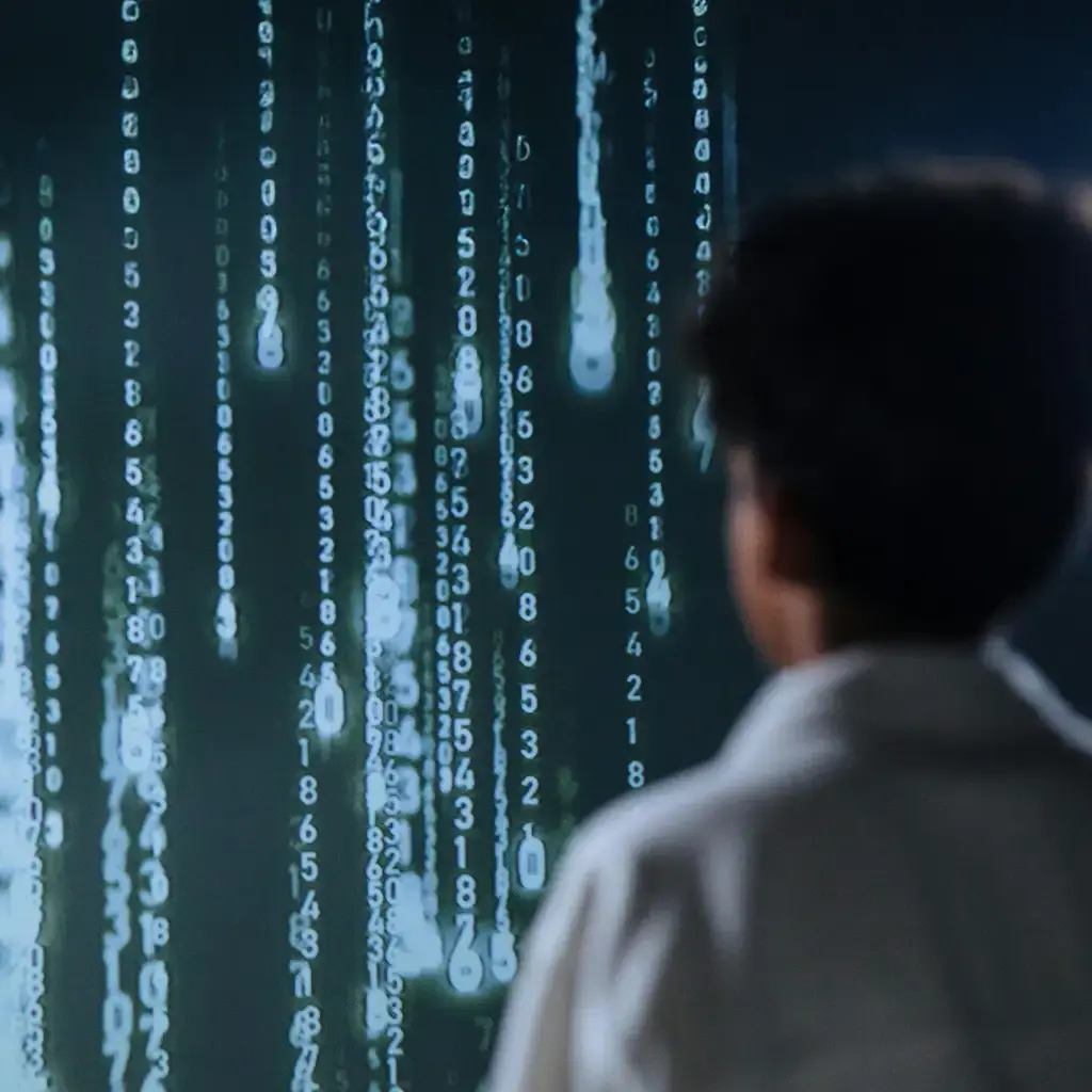 Person analyzing glowing blue data projections, representing AI-driven innovation in financial services.