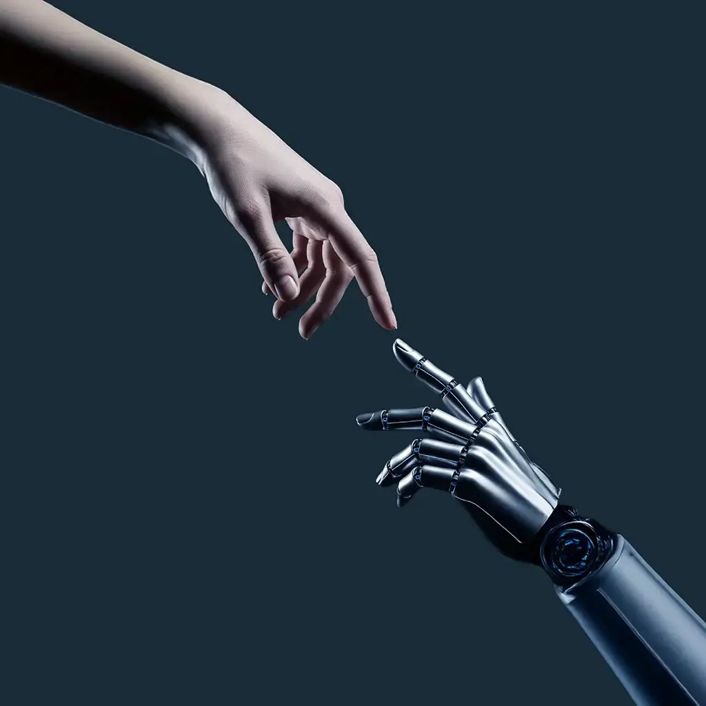 Human hand reaching toward robotic hand symbolizing AI integration in financial services operations.