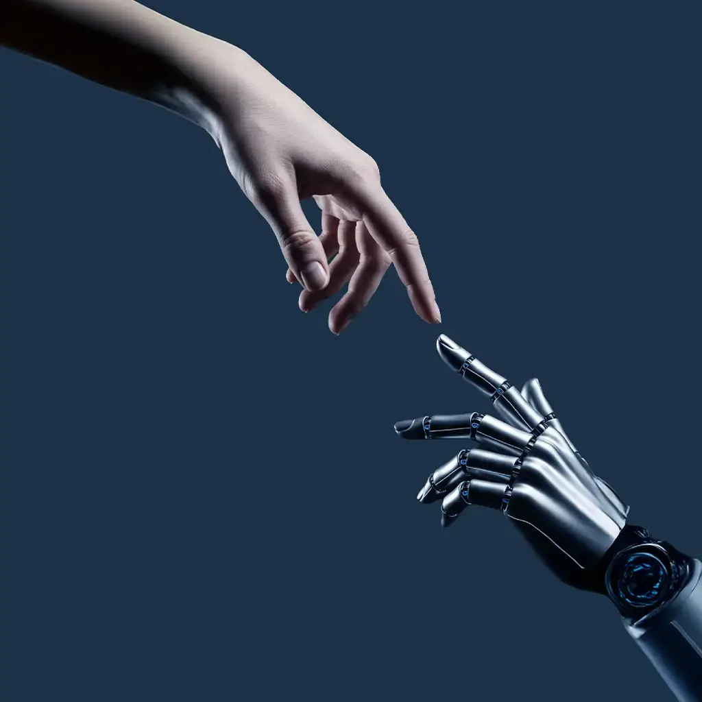 Human hand reaching toward robotic hand symbolizing AI integration in financial services operations.