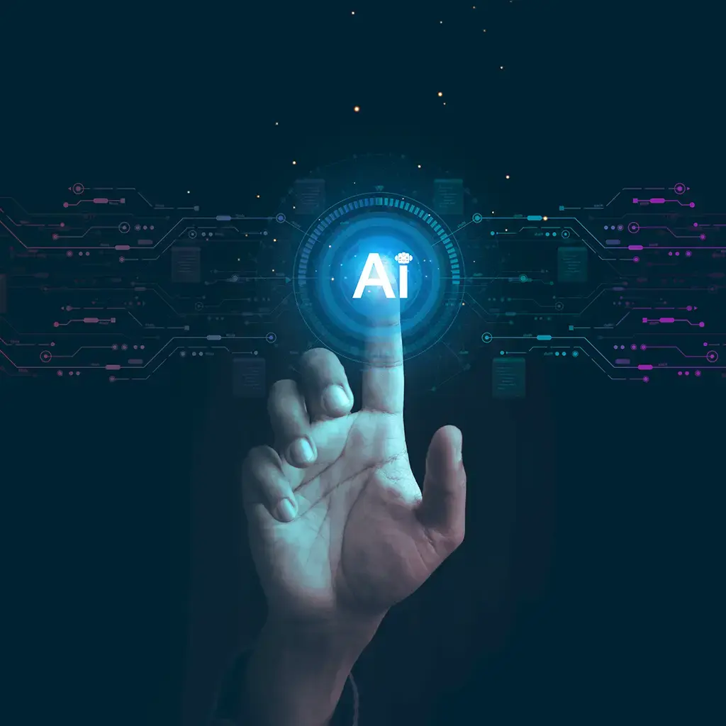 Hand reaching toward glowing AI text, symbolizing gap between AI readiness and funding.