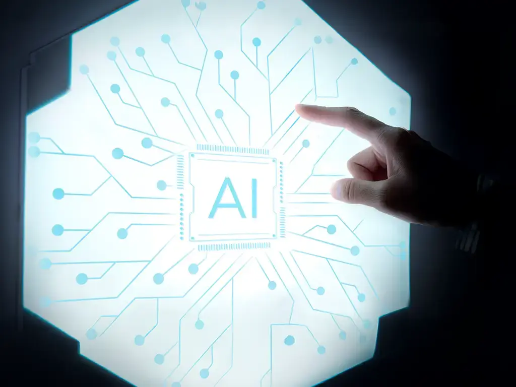 Hand interacting with digital AI interface symbolizing software modernisation through artificial intelligence.