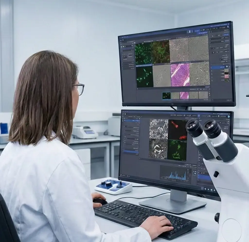 Scientist analyzing cell images on dual monitors in a high-tech laboratory