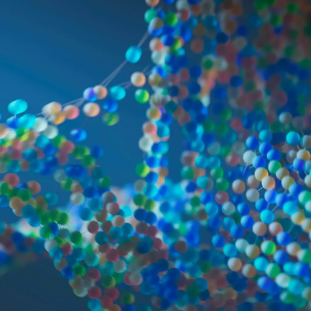 Abstract DNA helix structure with colorful molecular nodes representing data-driven life sciences innovation