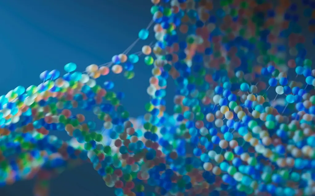 Abstract DNA helix structure with colorful molecular nodes representing data-driven life sciences innovation