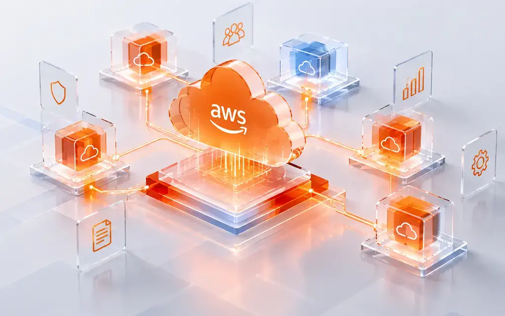 AWS cloud architecture connecting secure services, analytics, users and applications across a scalable platform.