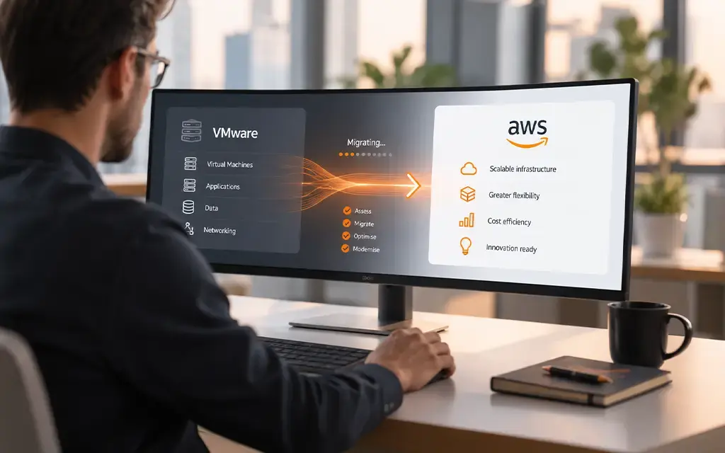 VMware workloads migrating to AWS for scalable infrastructure, flexibility, cost efficiency and modernization.