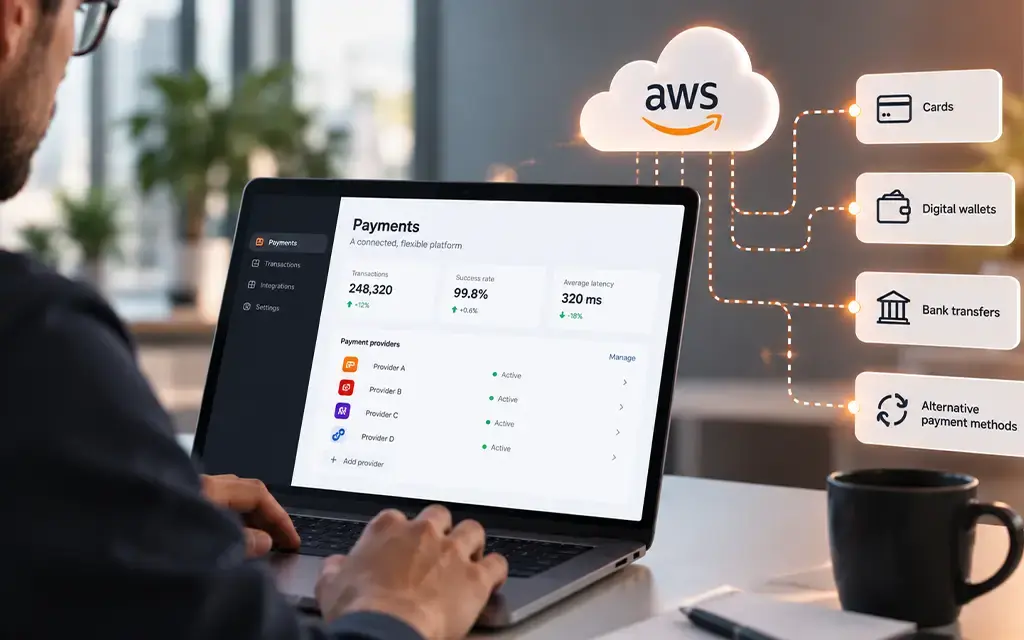 Payment platform dashboard connecting AWS cloud services with cards, digital wallets, bank transfers and alternative payments.