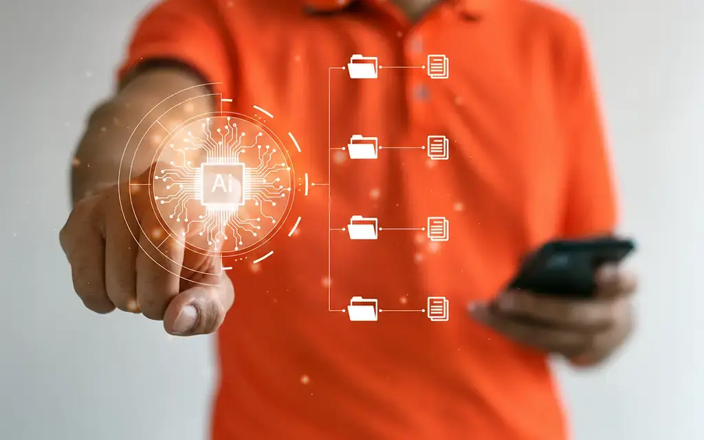 AI-powered document management interface connecting digital files and mobile workflows