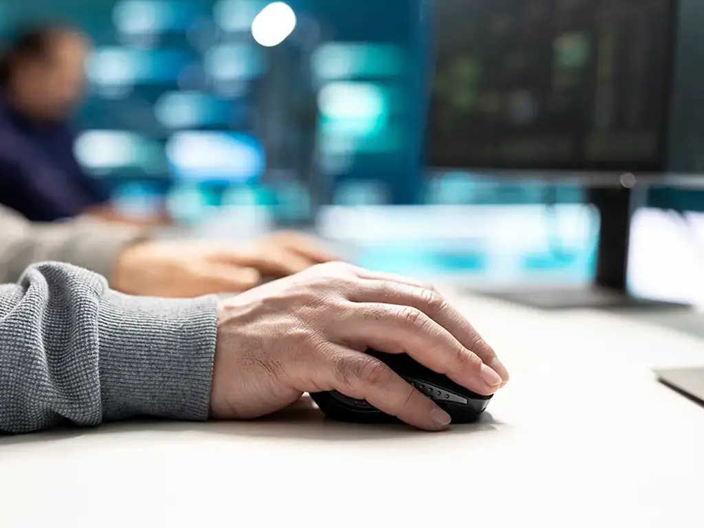 Close-up of hand using a computer mouse in a technology workspace