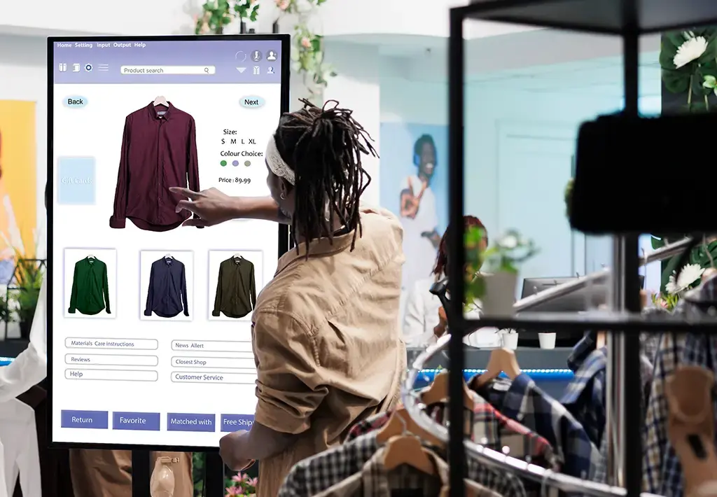 Customer using interactive touchscreen to browse clothing options in a retail store.