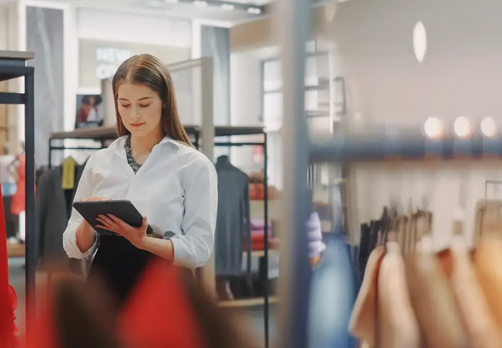 Retail worker uses AI-powered tablet to optimize inventory and customer experience in-store.
