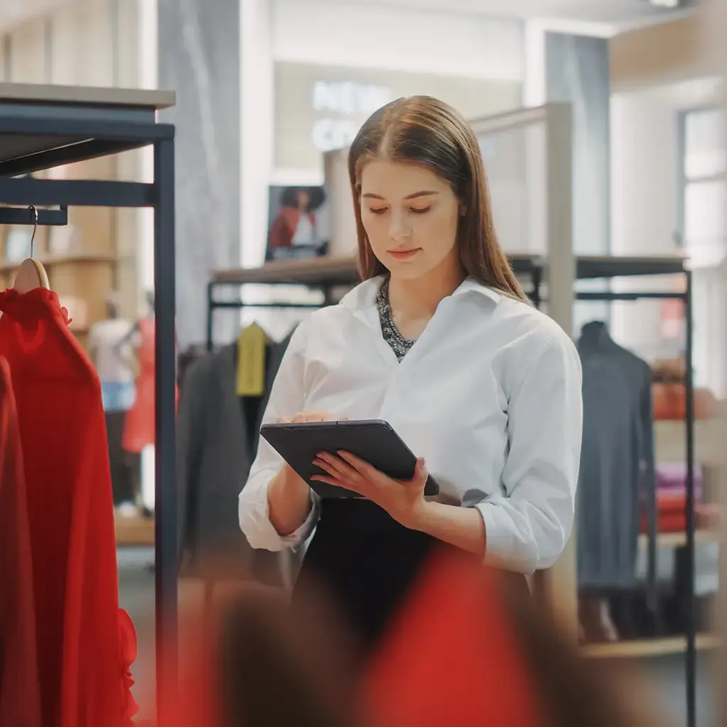 Retail worker uses AI-powered tablet to optimize inventory and customer experience in-store.