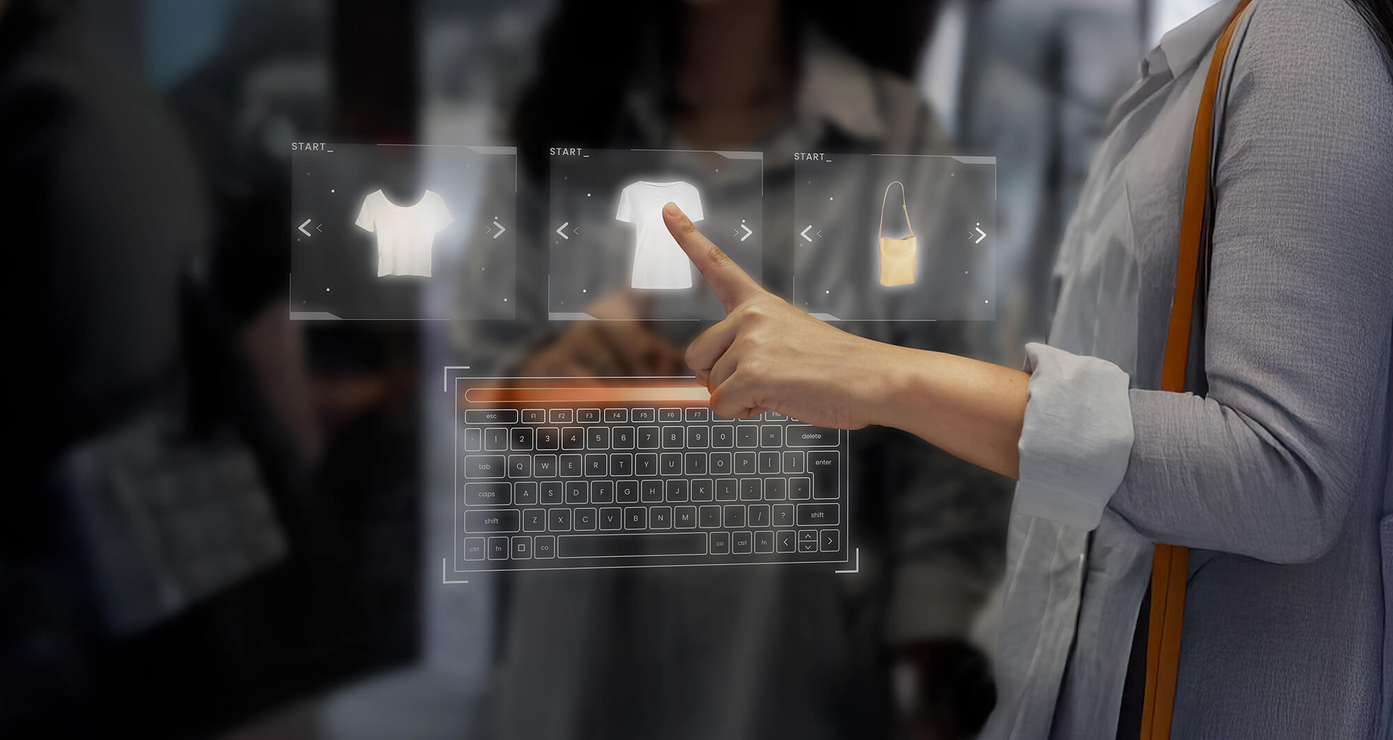 A person is selecting an option on a transparent touch screen while shopping for clothes