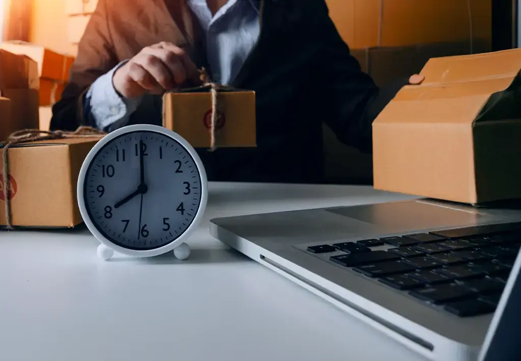 Person handling delivery boxes near laptop and clock, representing efficient supply chain operations.