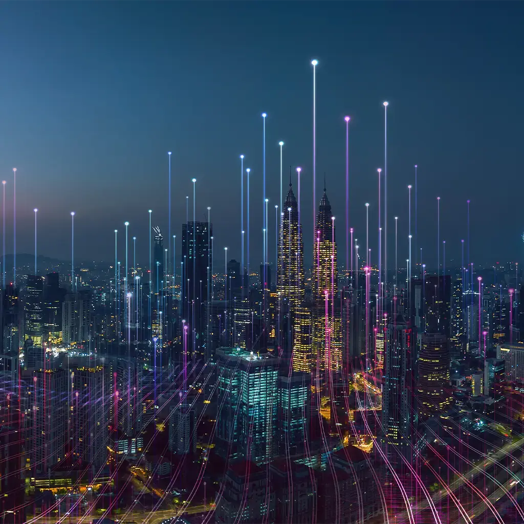 Connected smart city skyline with digital data streams representing enterprise connectivity and technology innovation.