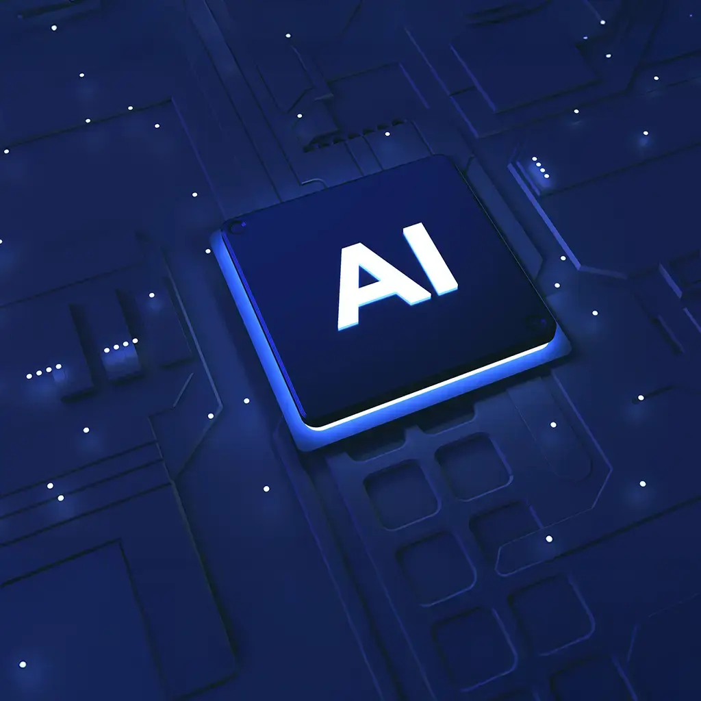 Glowing AI chip on a dark digital circuit board symbolizing advanced artificial intelligence technology.