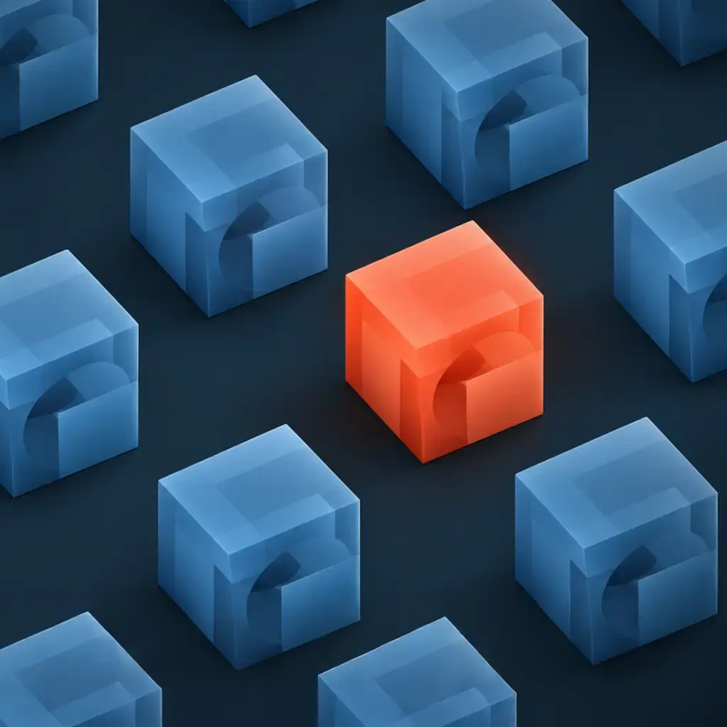 A single orange 3D cube stands out among rows of blue cubes, symbolising differentiation and strategic choices in AI investment.