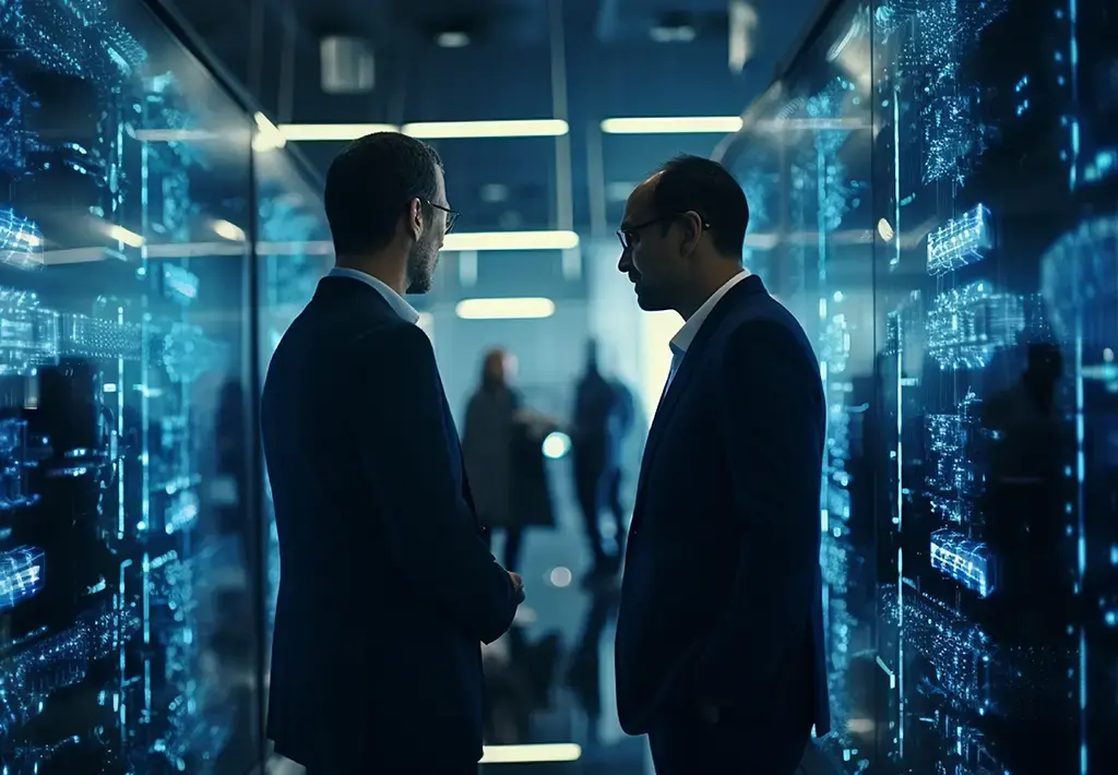 Two professionals discussing IT infrastructure in a high-tech server room.