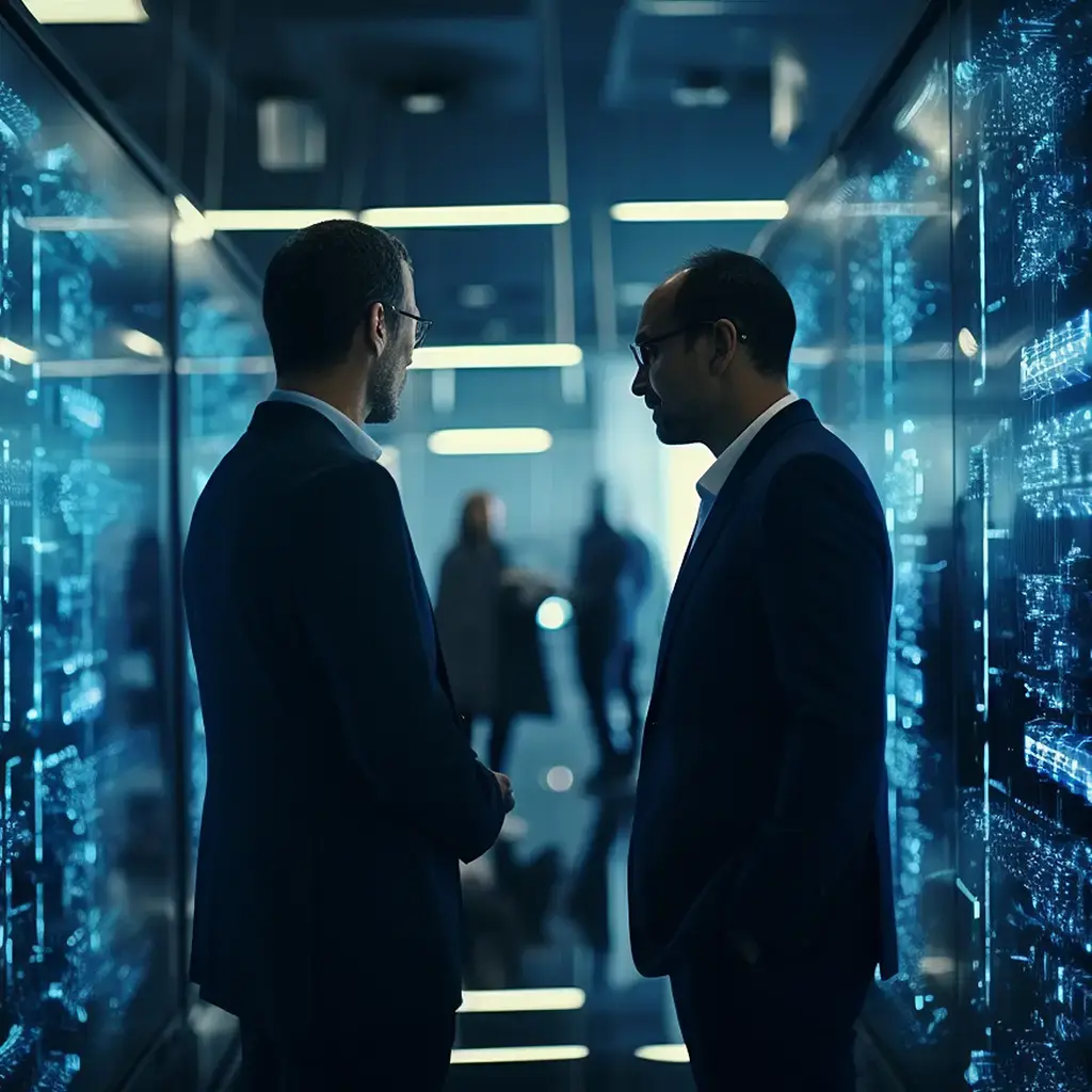 Two professionals discussing IT infrastructure in a high-tech server room.