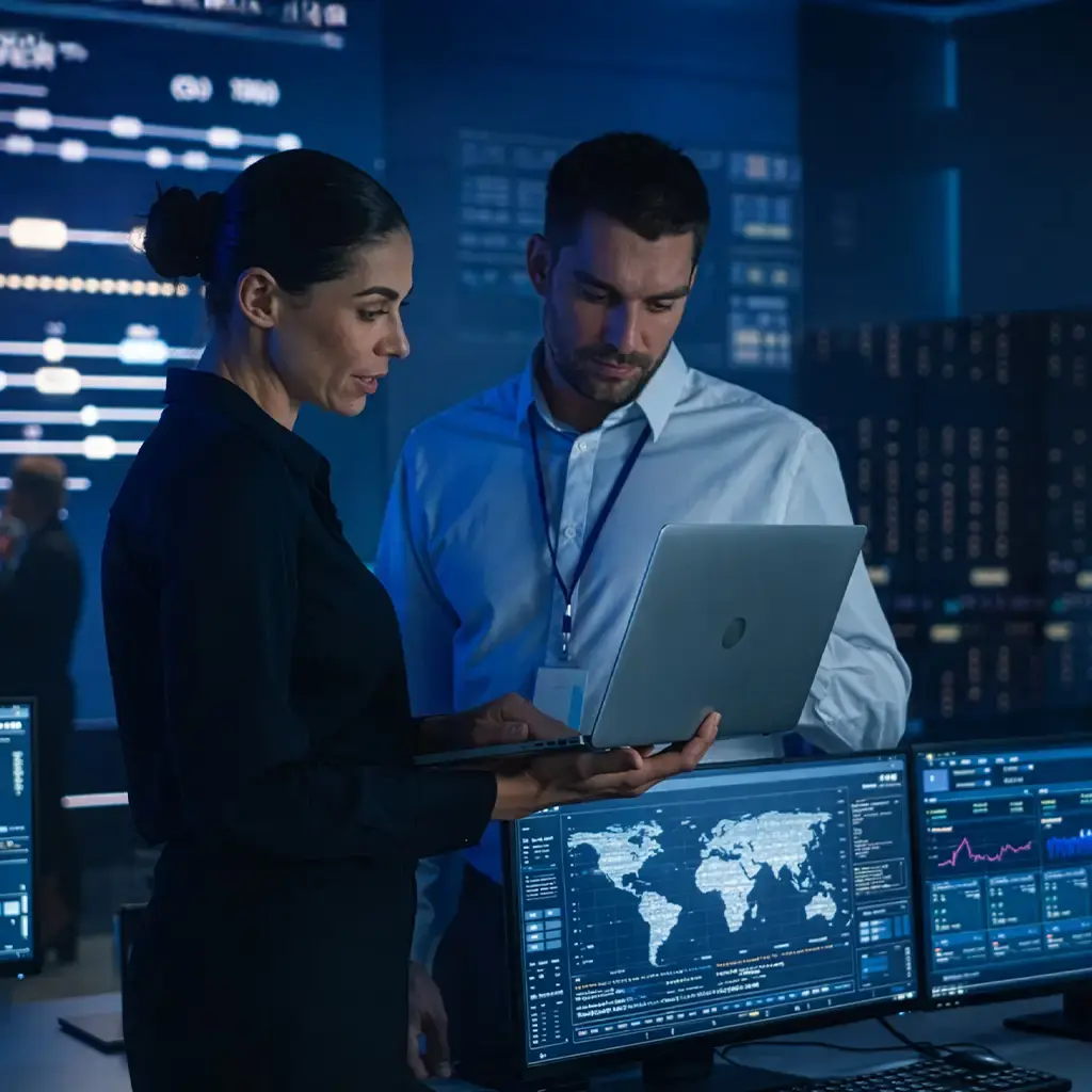 Tech team tracking global infrastructure status across multiple screens in a modern operations center.