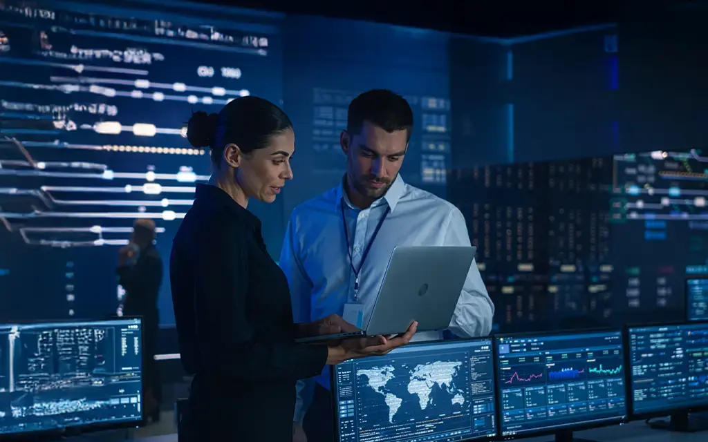 Tech team tracking global infrastructure status across multiple screens in a modern operations center.