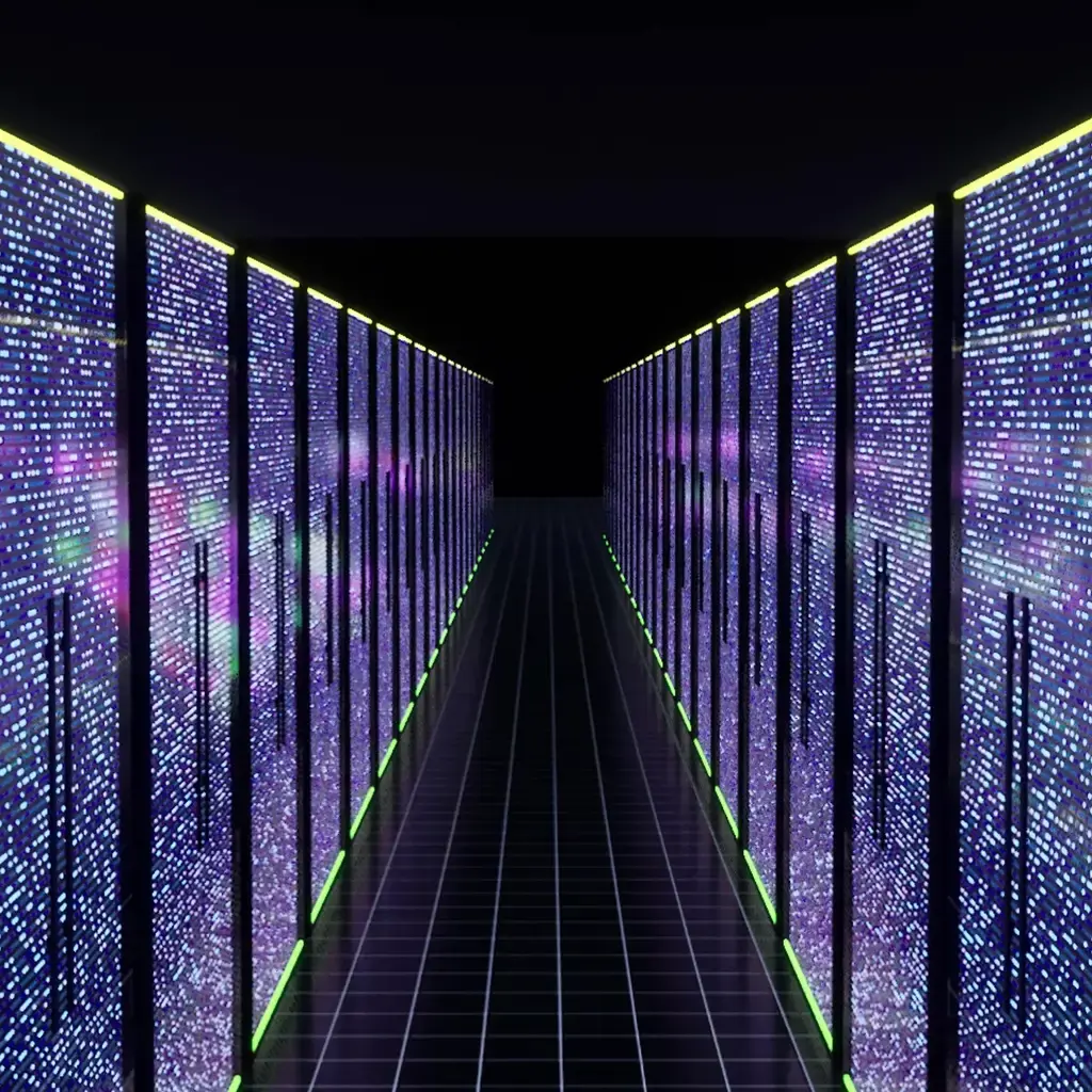 Futuristic data center hallway with glowing server racks and digital light patterns.