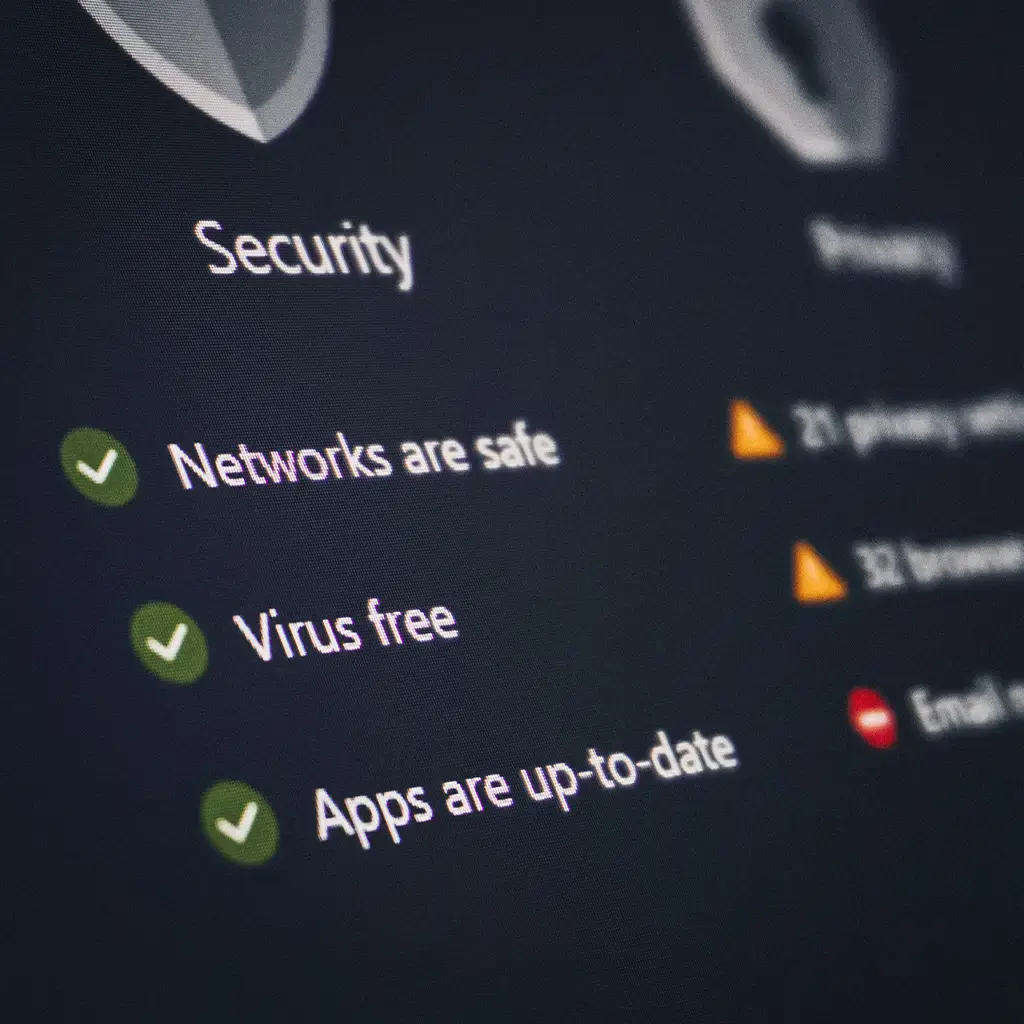 Security dashboard showing network protection, malware status, and application updates for enterprise cybersecurity monitoring.
