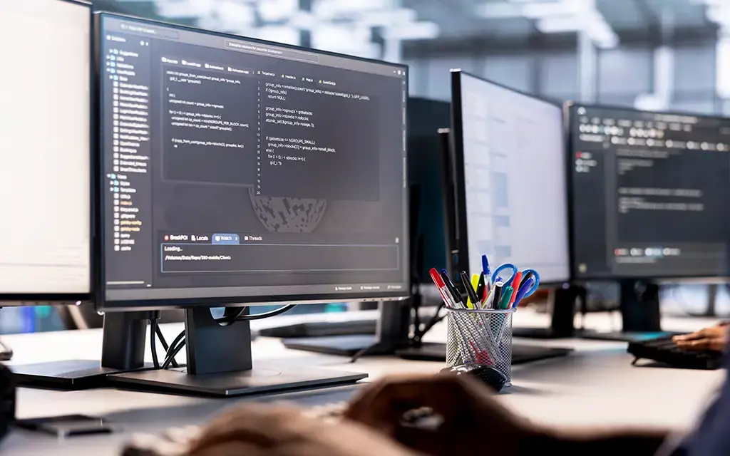 Developer writing and debugging code on multiple monitors in a modern software development workspace.