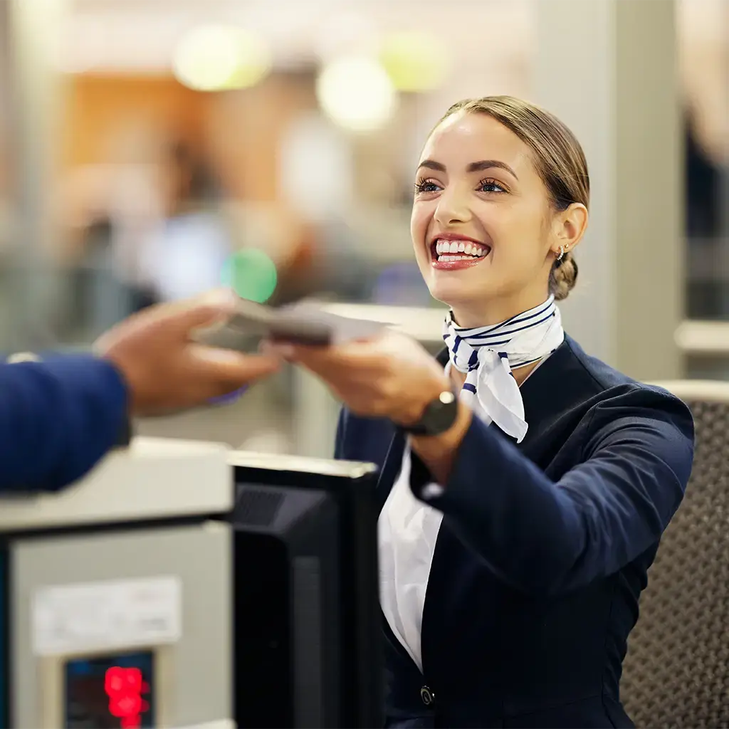 Airport customer service interaction during traveler check-in