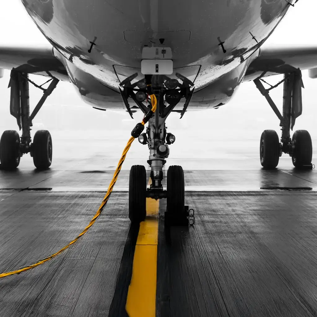 Close-up of airplane landing gear and tow cable on tarmac, representing travel logistics and aviation technology.