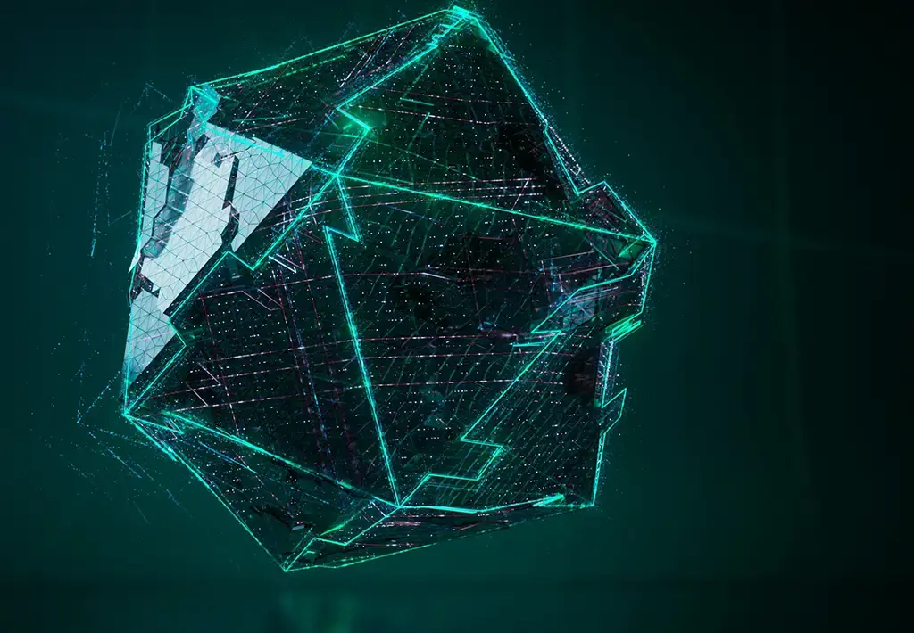 Futuristic geometric shape with glowing digital lines representing advanced AI systems and data processing.