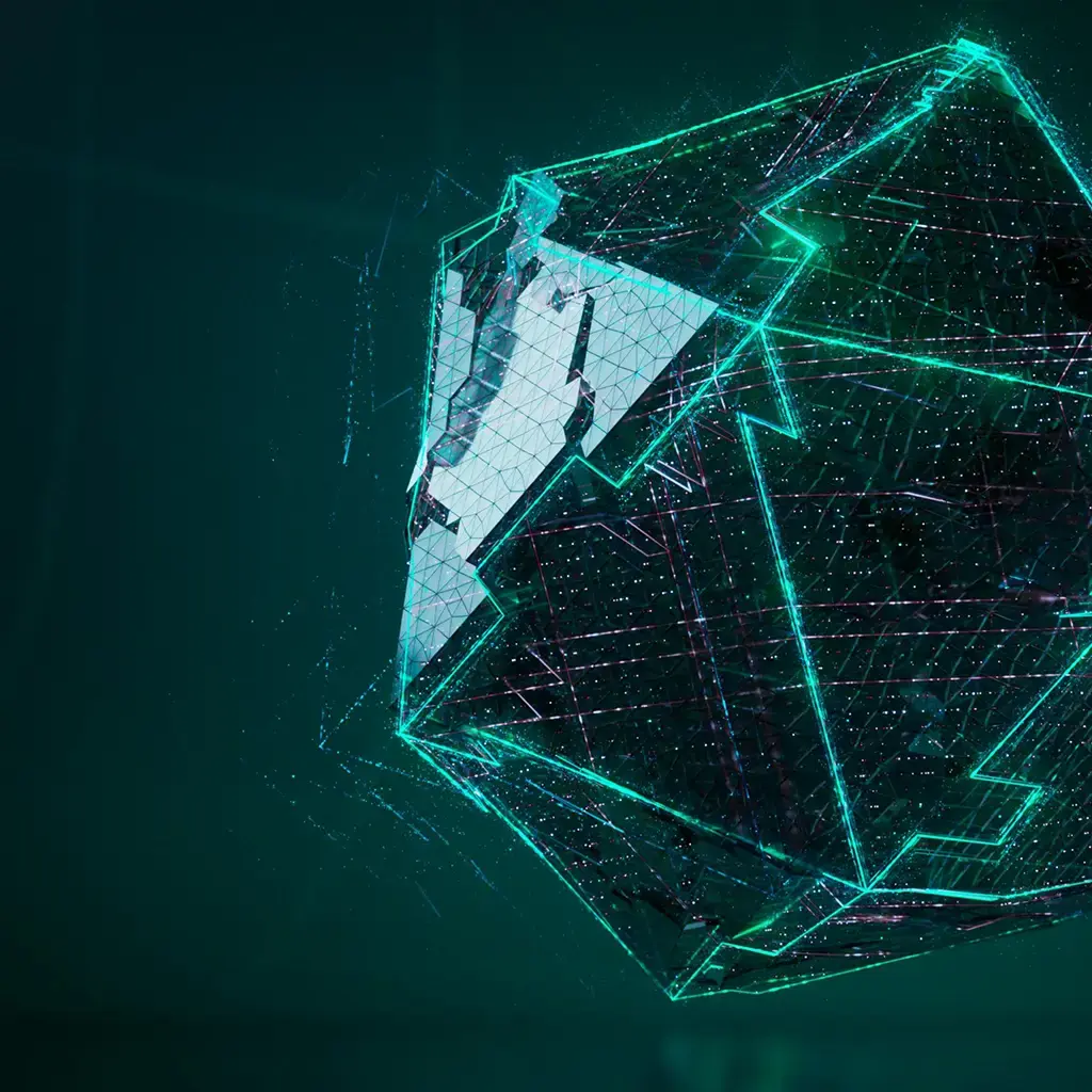 Futuristic geometric shape with glowing digital lines representing advanced AI systems and data processing.