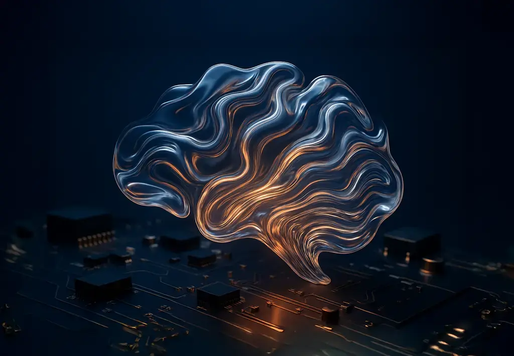 Abstract digital brain hovering above a circuit board, symbolizing AI and advanced computing solutions.