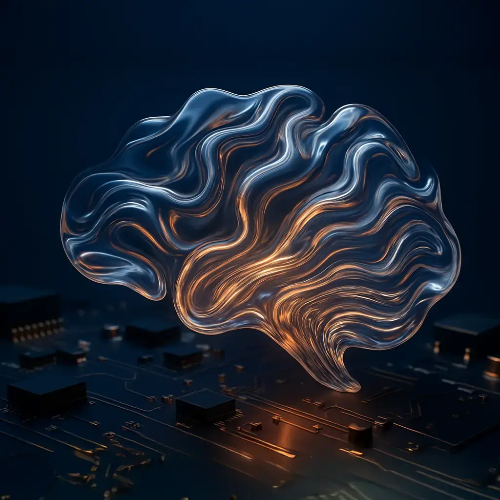 Abstract digital brain hovering above a circuit board, symbolizing AI and advanced computing solutions.
