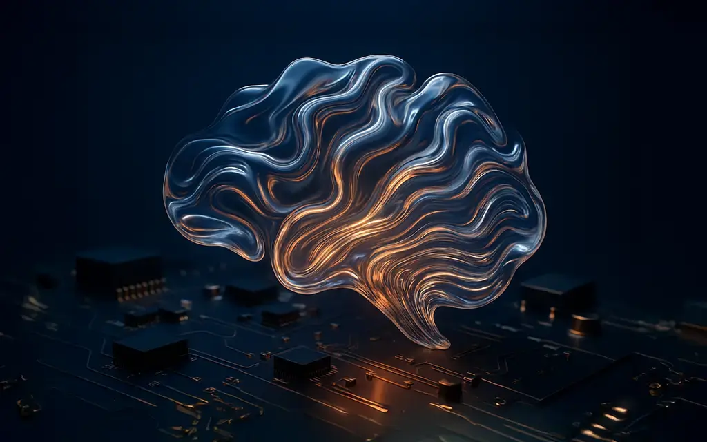 Abstract digital brain hovering above a circuit board, symbolizing AI and advanced computing solutions.