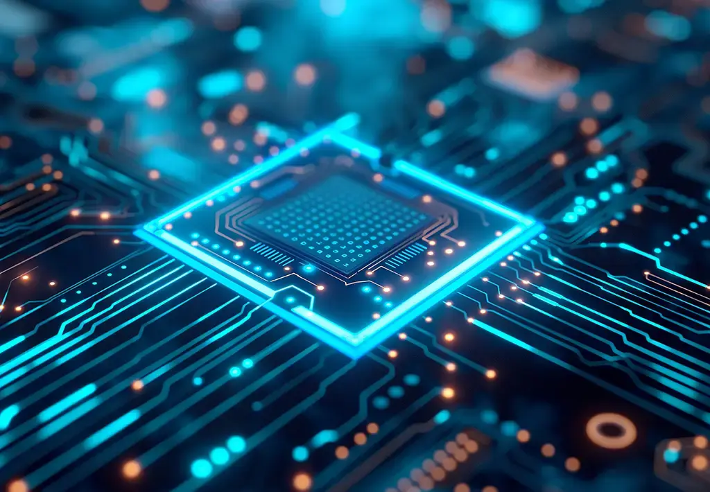 Close-up of a glowing microchip on a circuit board representing advanced digital technology.