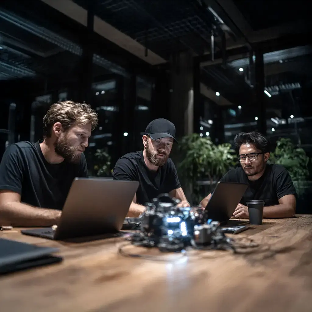 Engineers collaborating on robotics programming at night with laptops and electronic components.
