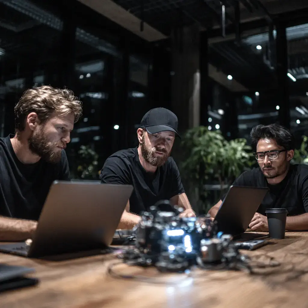 Engineers collaborating on robotics programming at night with laptops and electronic components.
