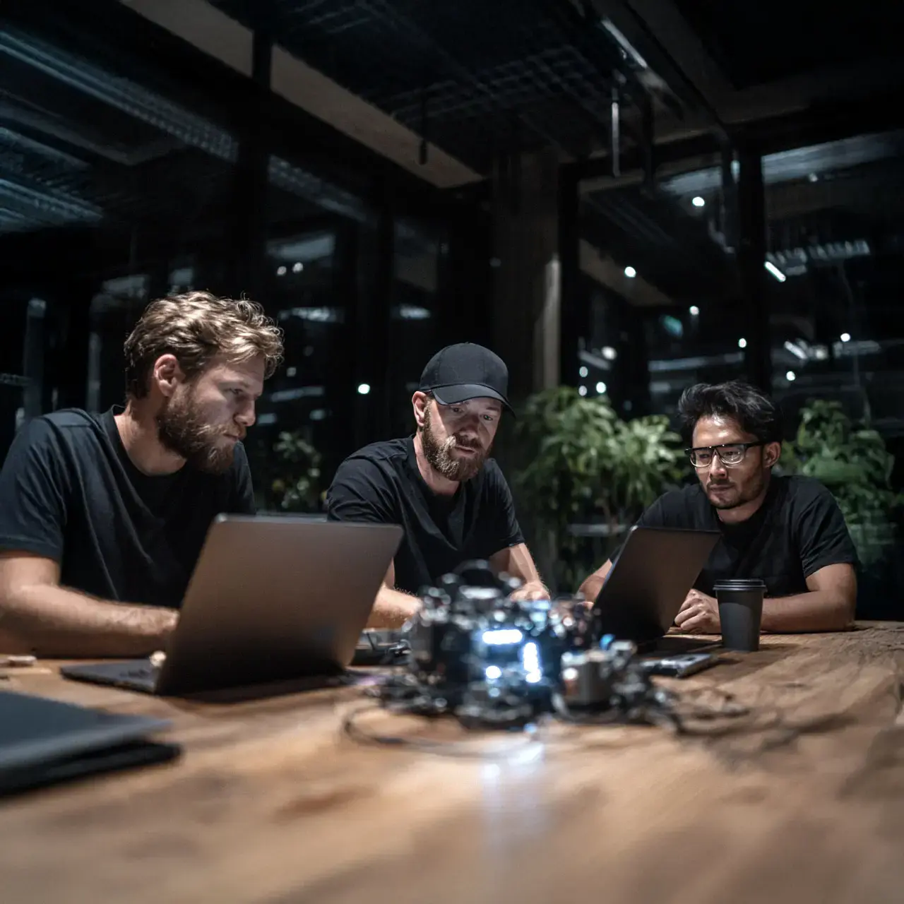 Engineers collaborating on robotics programming at night with laptops and electronic components.