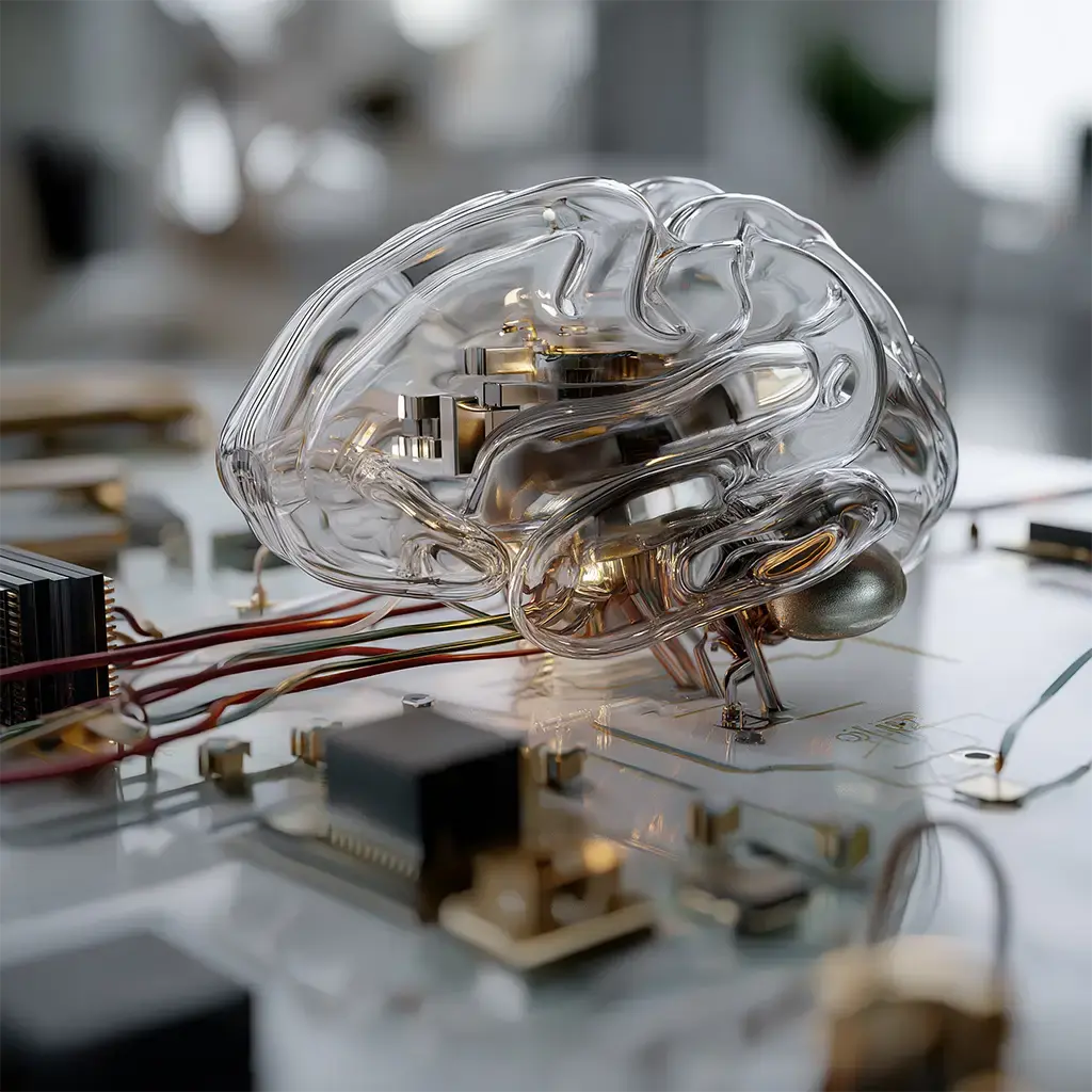 Futuristic transparent brain model integrated with circuit board, symbolizing AI and machine learning technology.