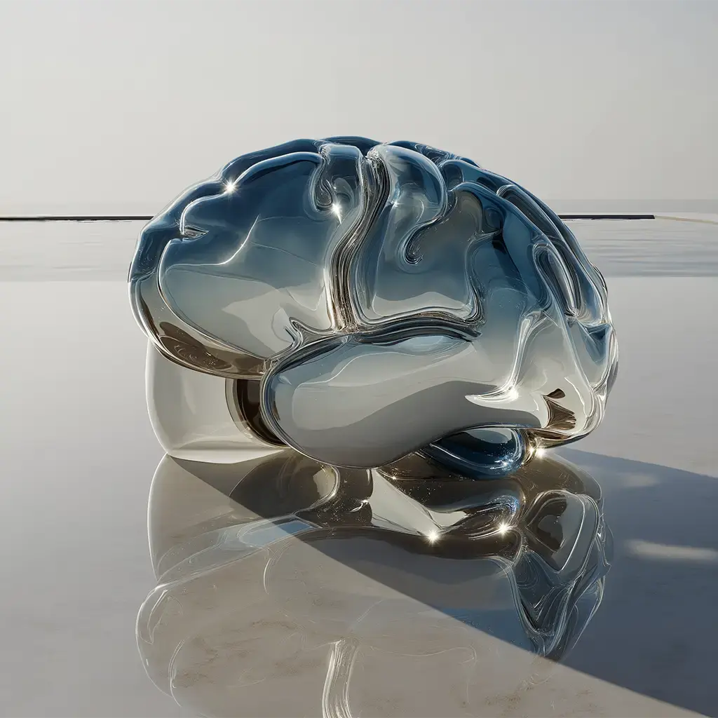 Futuristic glass brain sculpture symbolizing AI and innovation in digital transformation.
